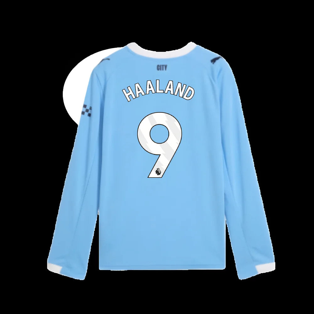 2025-2026 Man City Long Sleeve Home Shirt (Kids) (Haaland 9)_4