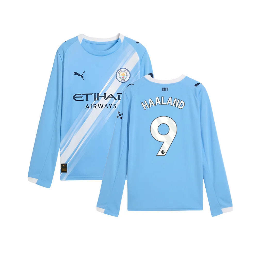 2025-2026 Man City Long Sleeve Home Shirt (Kids) (Haaland 9)_4